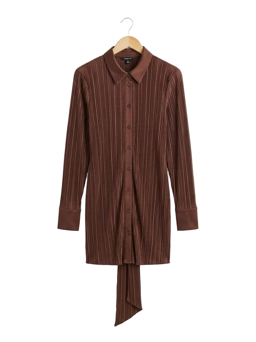 MISSGUIDED | M| BUST 18| B 10| MANGO BROWN PLISSÉ BUTTON-DOWN MINI DRESS