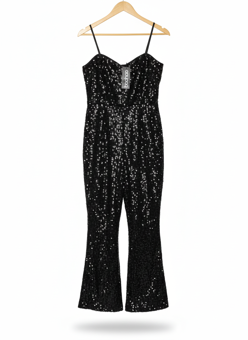 BOOHOO|L|BUST 16|Sequined Flare-Leg Jumpsuit BLACK
