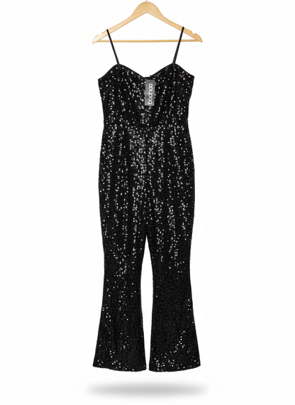 BOOHOO|L|BUST 16|Sequined Flare-Leg Jumpsuit BLACK