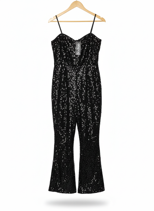 BOOHOO|L|BUST 16|Sequined Flare-Leg Jumpsuit BLACK