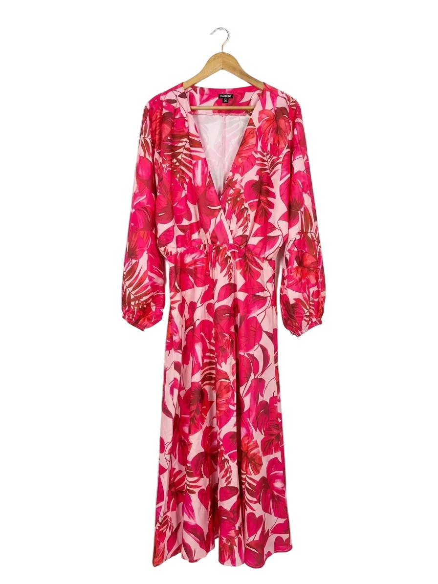 BOOHOO |L| BUST FREE| B19| DARK PINK TROPICAL FLORAL V-NECK MAXI DRESS