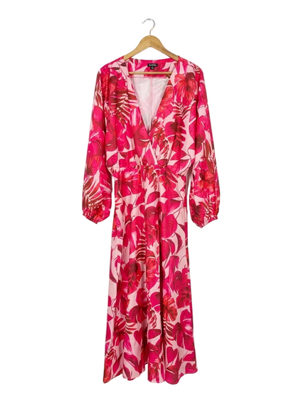 BOOHOO |L| BUST FREE| B19| DARK PINK TROPICAL FLORAL V-NECK MAXI DRESS