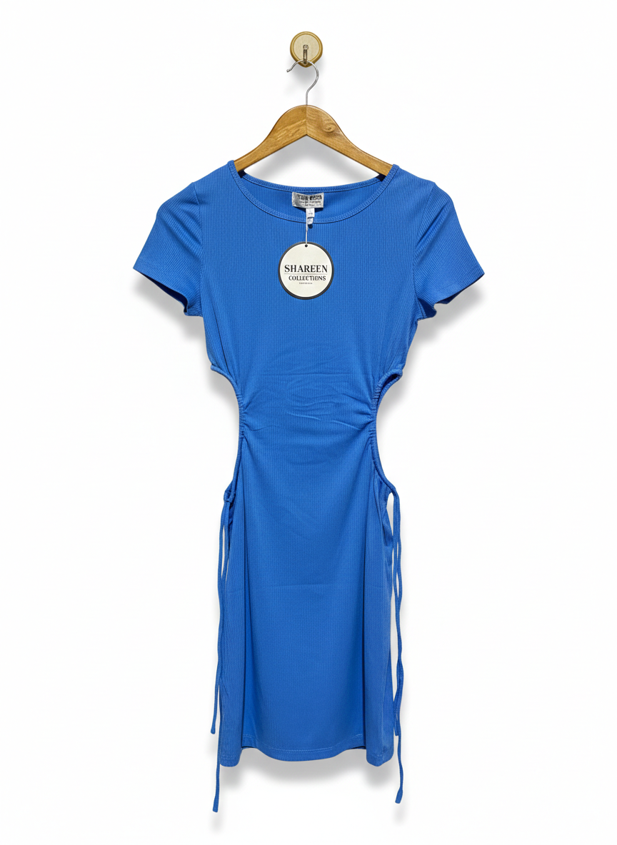 SHAREEN |S| BUST 14| BLUE WAIST CUT-OUT RIBBED MINI BODYCON DRESS