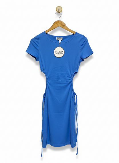 SHAREEN |S| BUST 14| BLUE WAIST CUT-OUT RIBBED MINI BODYCON DRESS