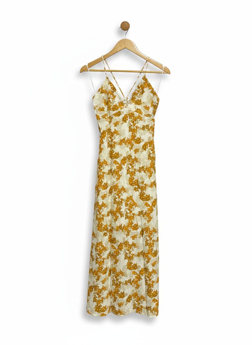 GOLDEN FLORA STRAPPY MAXI DRESS |S| BUST 14|