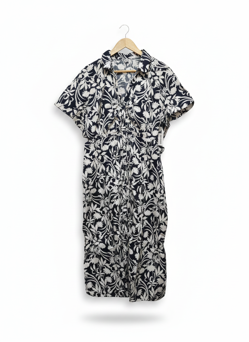 OLD NAVY|XL|BUST 20|Black & White Floral Print Belted Midi Shirt Dress