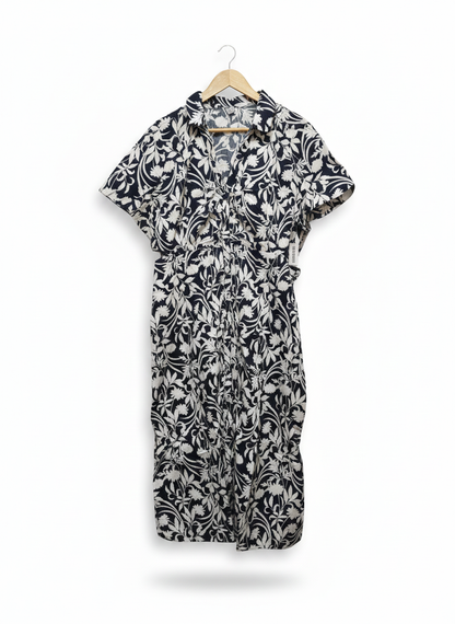 OLD NAVY|XL|BUST 20|Black & White Floral Print Belted Midi Shirt Dress
