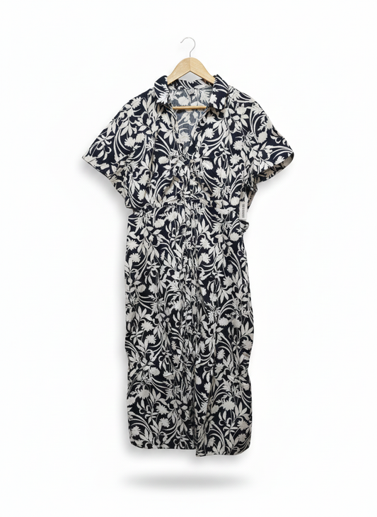 OLD NAVY|XL|BUST 20|Black & White Floral Print Belted Midi Shirt Dress