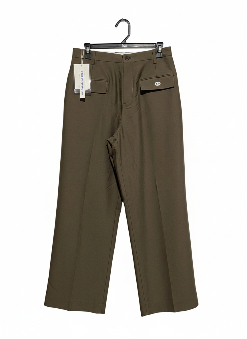 PERSON INTENTION |L| WAIST 30| MODERN WIDE-LEG UTILITY TROUSERS - OLIVE DRAB TAILORED CARGO PANTS