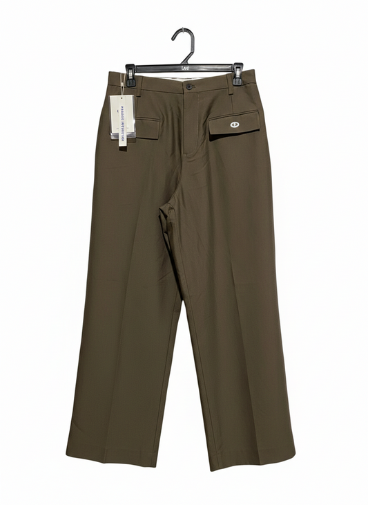 PERSON INTENTION |L| WAIST 30| MODERN WIDE-LEG UTILITY TROUSERS - OLIVE DRAB TAILORED CARGO PANTS