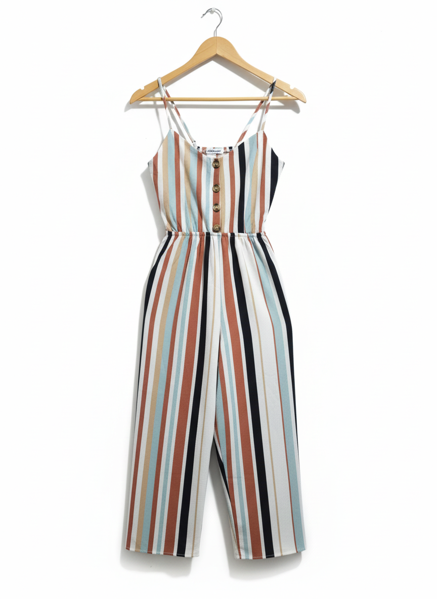 CHARLOTTE RUSSE|M|BUST 14.5|Striped Linen Jumpsuit with Wooden Buttons