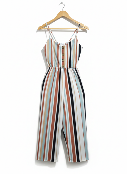 CHARLOTTE RUSSE|M|BUST 14.5|Striped Linen Jumpsuit with Wooden Buttons