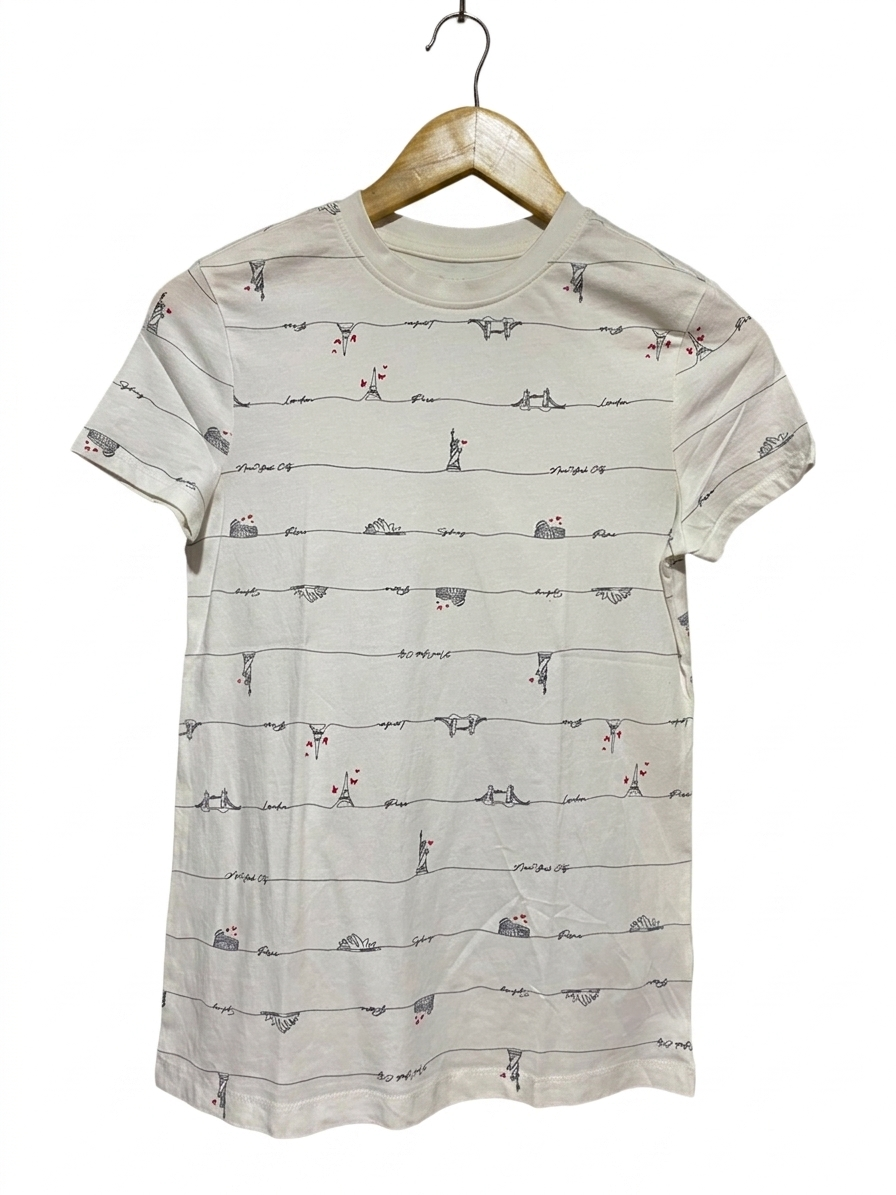 PRIMARK CARES |S| BUST 16| B22| WHITE TRAVEL-THEMED GRAPHIC T-SHIRT WITH GLOBAL LANDMARKS