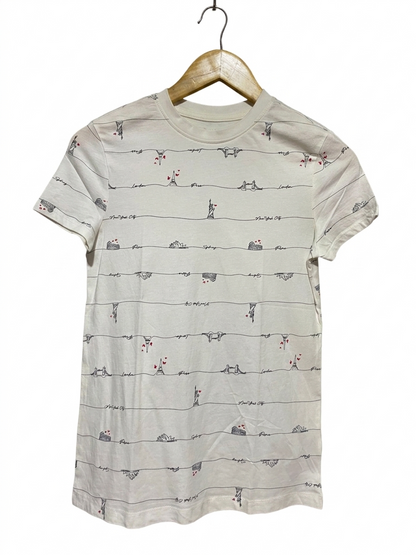 PRIMARK CARES |S| BUST 16| B22| WHITE TRAVEL-THEMED GRAPHIC T-SHIRT WITH GLOBAL LANDMARKS