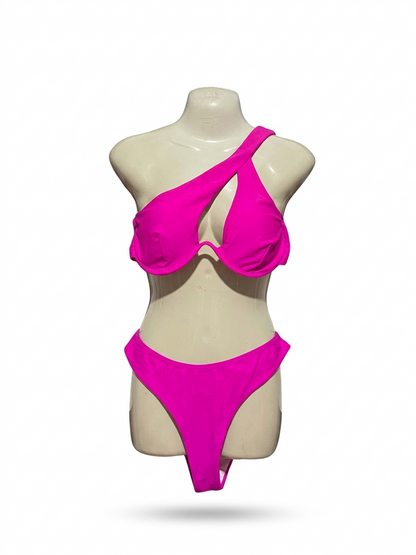 SHEIN |L| B7| VIBRANT HOT PINK ASYMMETRIC CUT-OUT BIKINI SET