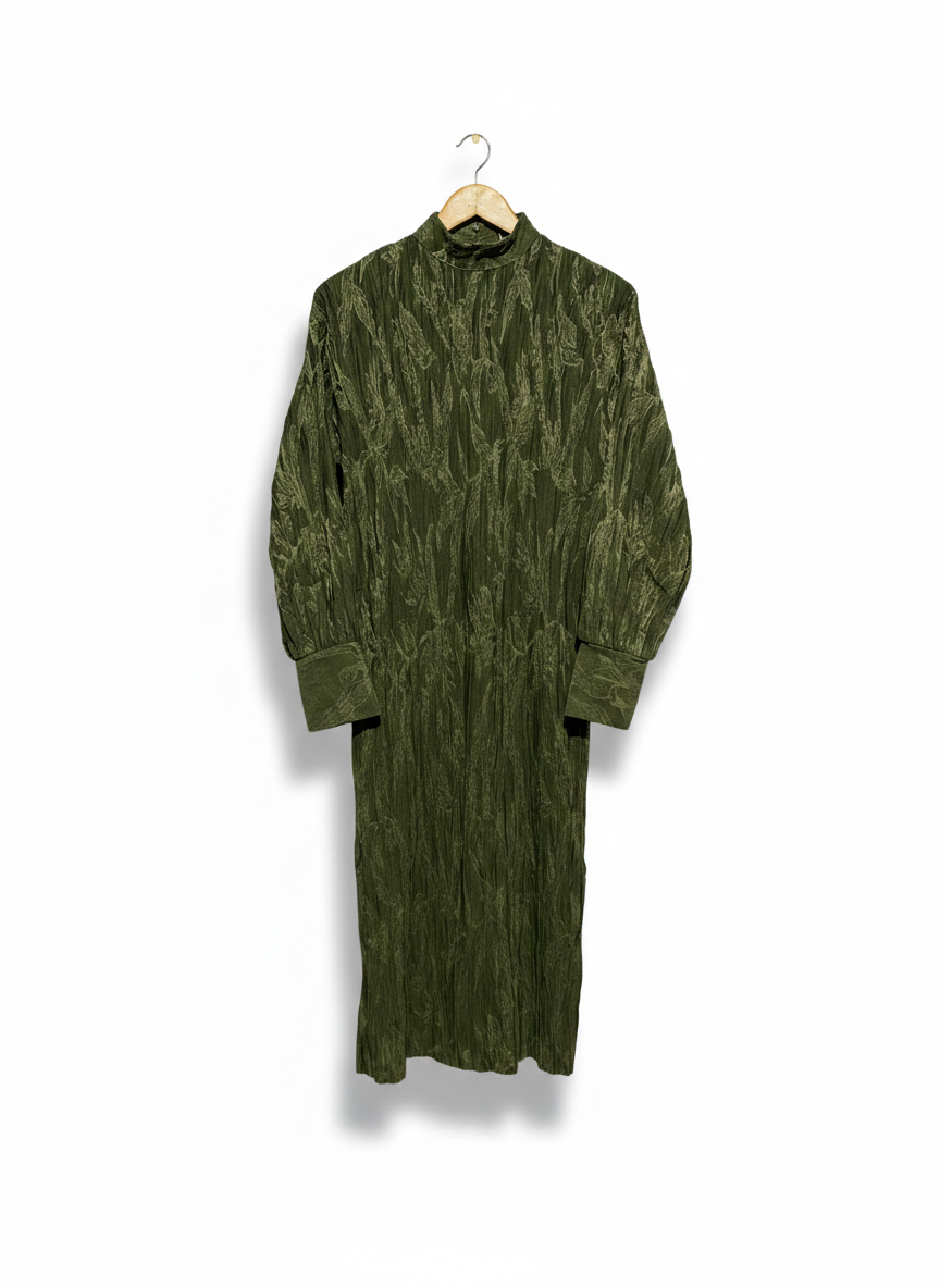 ZARA |M| BUST 17| C6| WOMEN'S OLIVE GREEN TEXTURED CRINKLE-FABRIC LONG SLEEVE MAXI DRESS