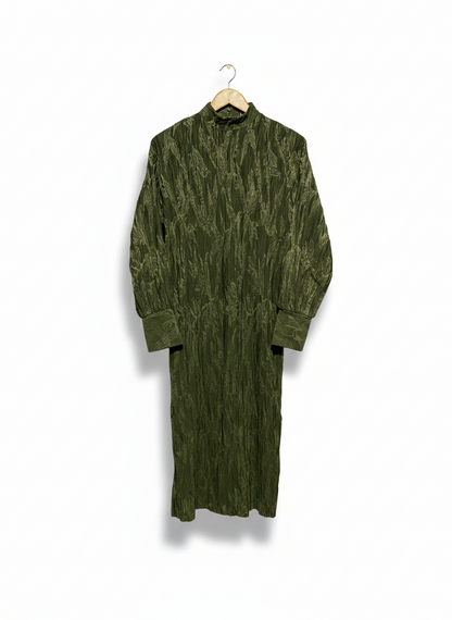 ZARA |M| BUST 17| C6| WOMEN'S OLIVE GREEN TEXTURED CRINKLE-FABRIC LONG SLEEVE MAXI DRESS