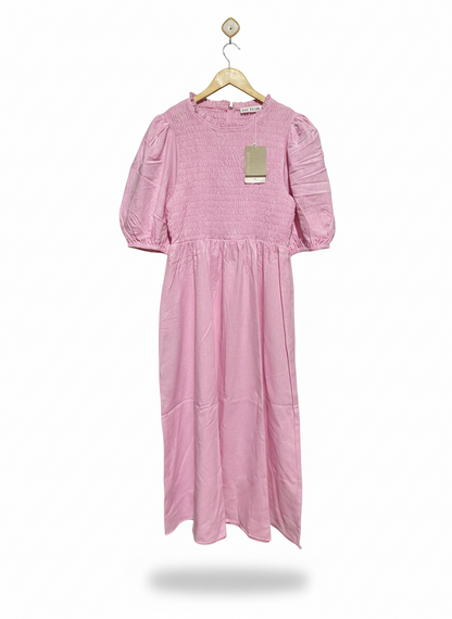 THE FATED |M| BUST 15| PINK SMOCKED PUFF-SLEEVE MIDI DRESS