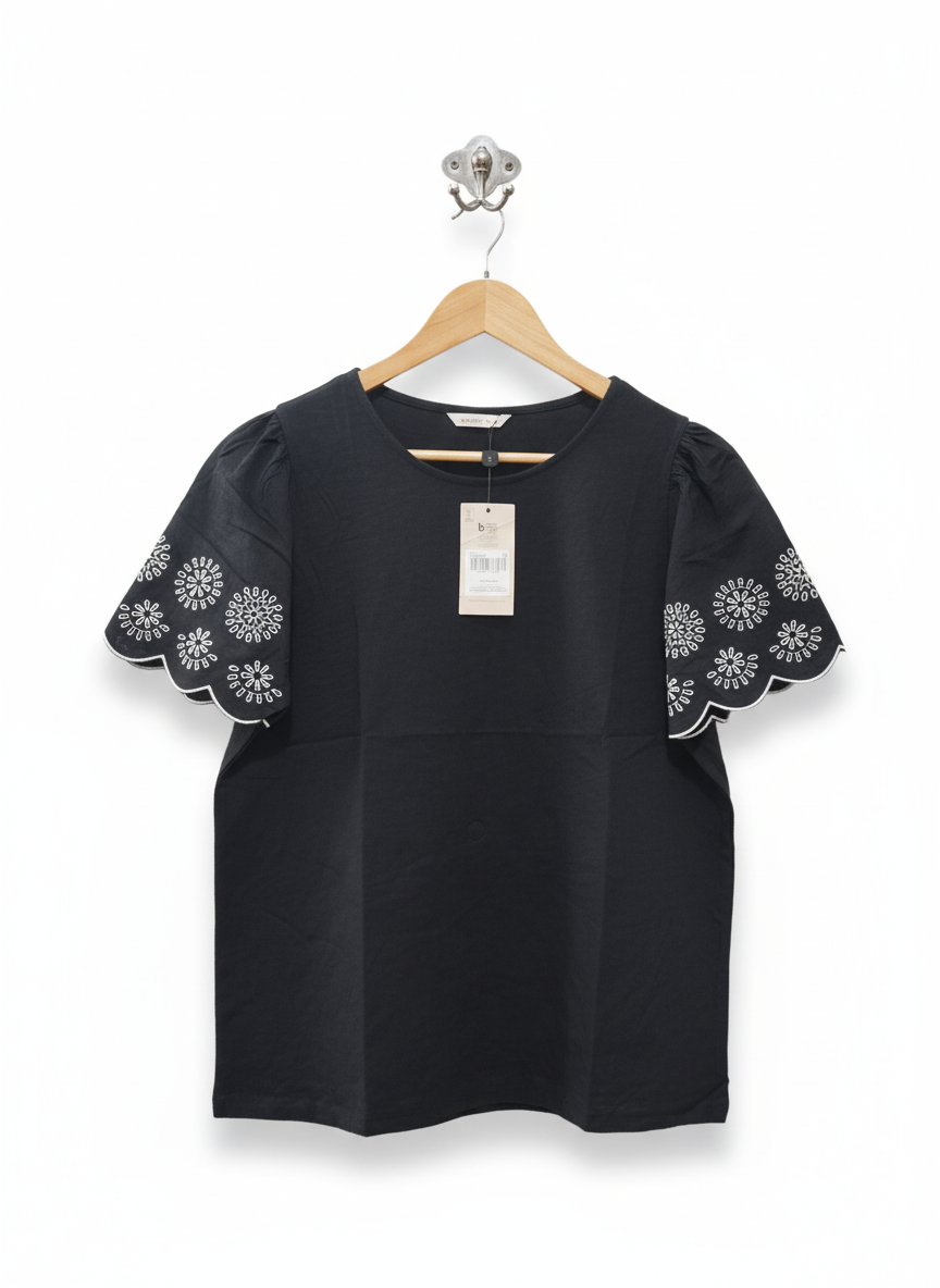 TU | WOMAN Black Puff Eyelet Short Scallop Sleeve Round Neck TOP