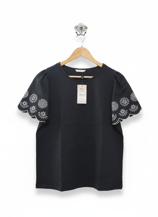TU | WOMAN Black Puff Eyelet Short Scallop Sleeve Round Neck TOP