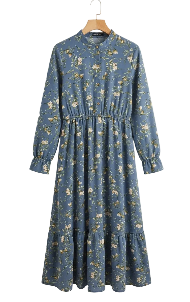 SHEIN | L| BUST 19| B9| DUSTY BLUE FLORAL LONG SLEEVE MIDI DRESS