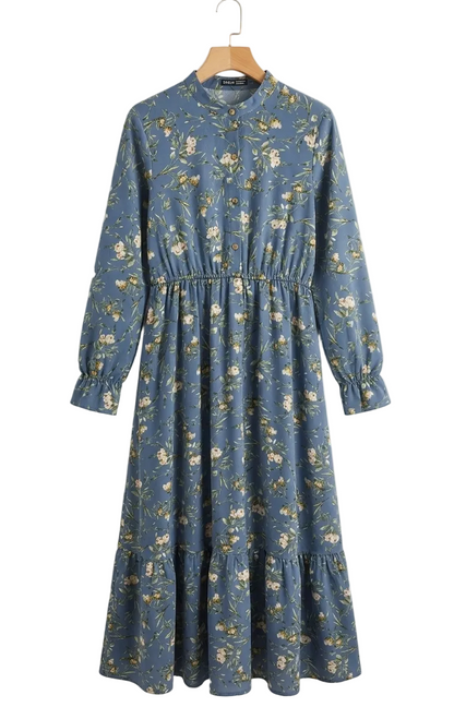SHEIN | L| BUST 19| B9| DUSTY BLUE FLORAL LONG SLEEVE MIDI DRESS