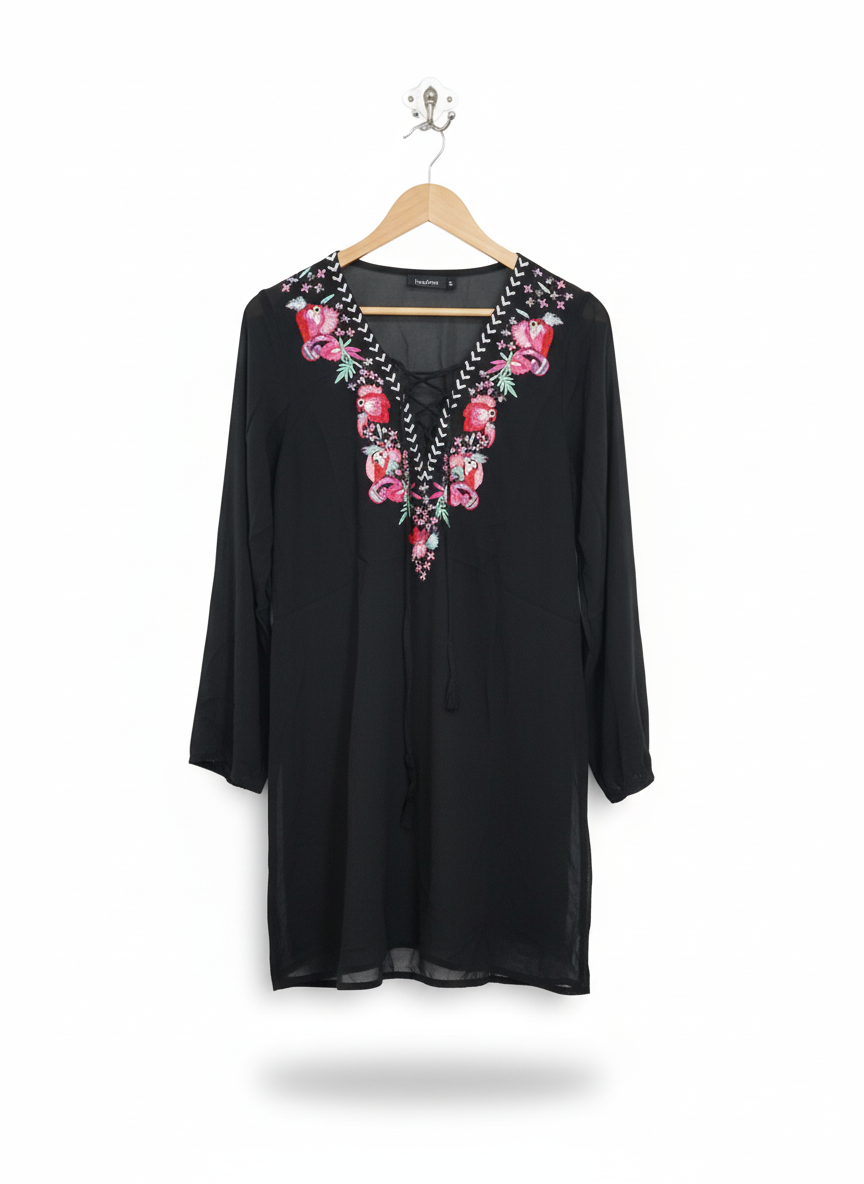Boohoo Tribal Floral Embroidered Long Sleeve Dress Black