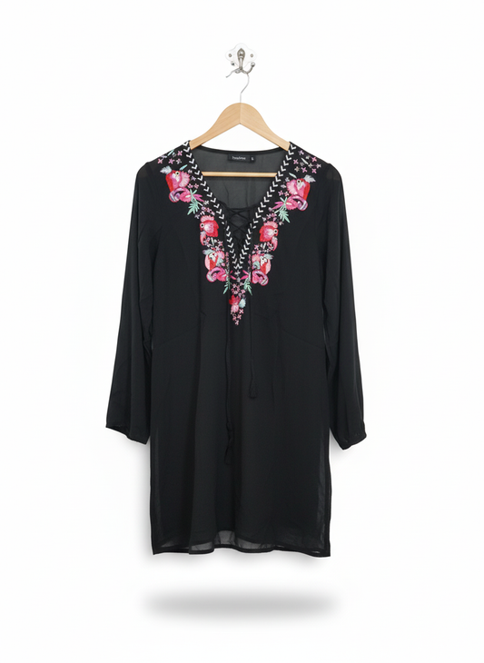 Boohoo Tribal Floral Embroidered Long Sleeve Dress Black