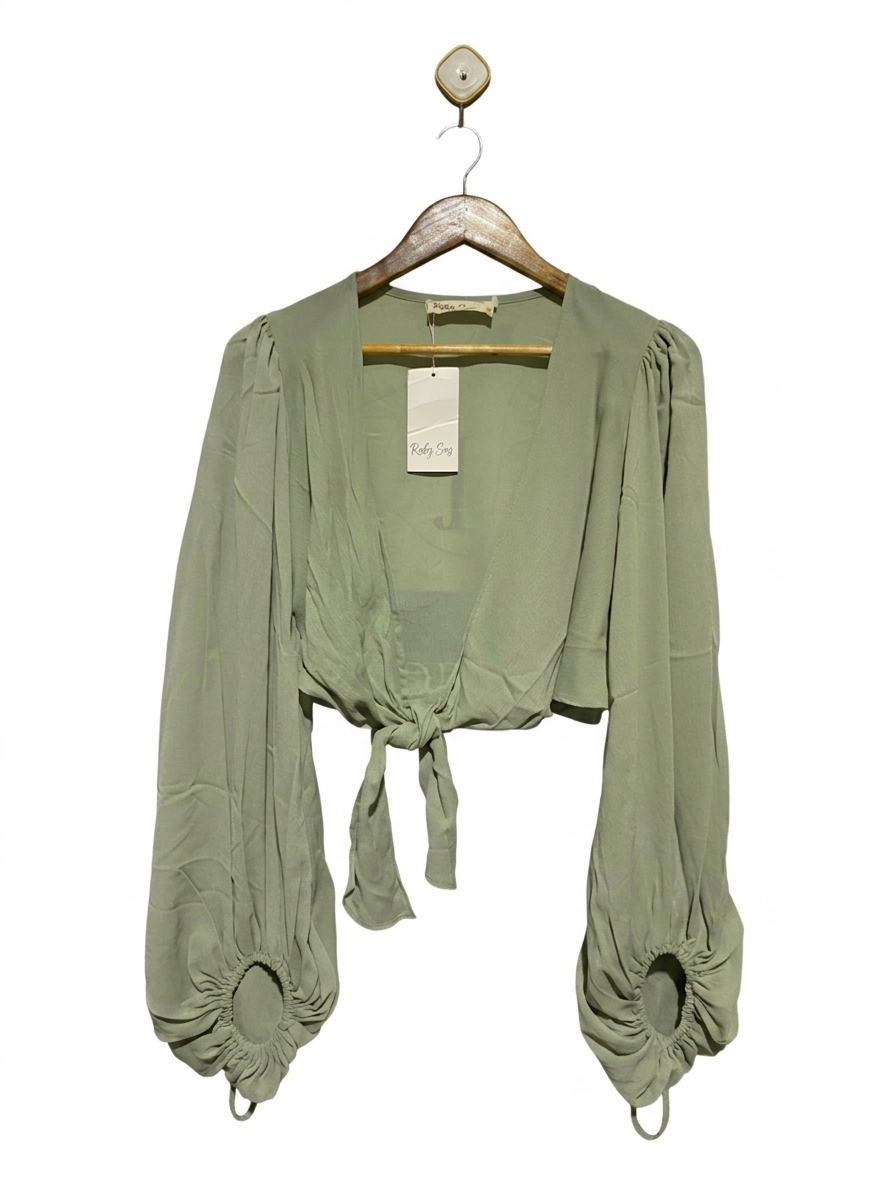 RUBY SUS |M| BUST 18| B10| WOMEN’S SAGE GREEN FRONT-TIE CROP TOP WITH PUFF BISHOP SLEEVES