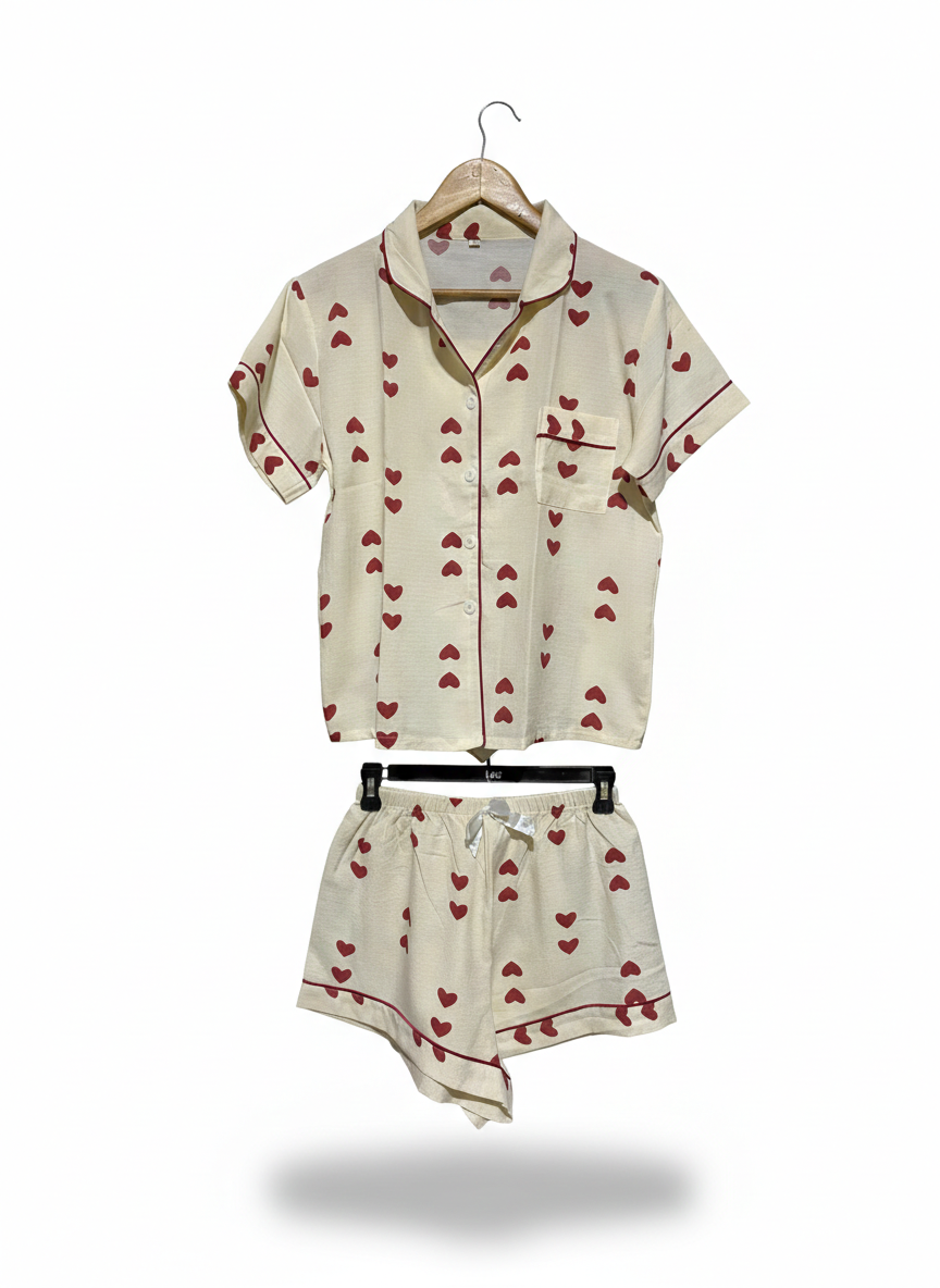 HEART ON ME SHORTS PAJAMA SET - IVORY/RED |M|