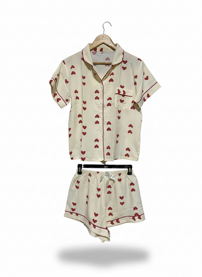 HEART ON ME SHORTS PAJAMA SET - IVORY/RED |M|
