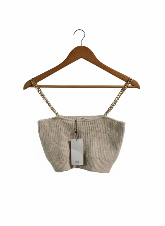 MNG |XS|BUST 13|BEIGE RIBBED KNIT CROP TOP WITH GOLD CHAINS