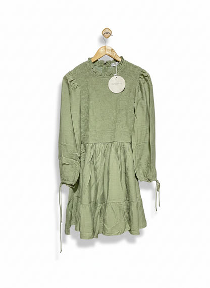 ESTHER &CO |S| BUST 15| SAGE SMOCKED BOHEMIAN MINI DRESS
