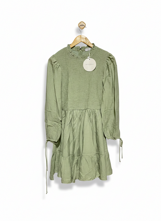 ESTHER &CO |S| BUST 15| SAGE SMOCKED BOHEMIAN MINI DRESS