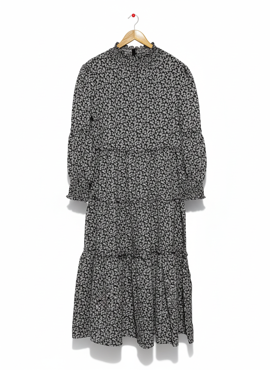 LORRAINE |M| BUST 18| C6|MONOCHROME FLORAL TIERED MIDI DRESS