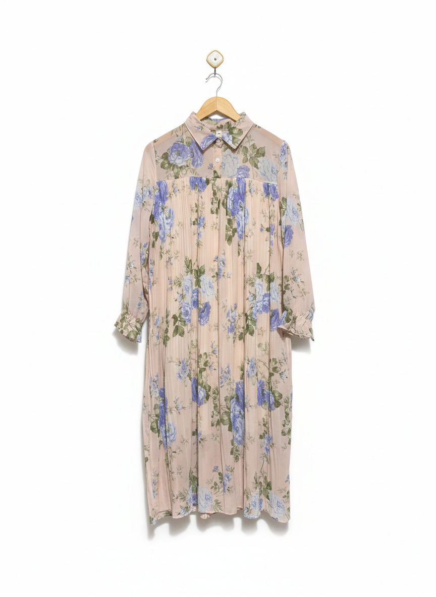 XDB |L| BUST 20| C5| ELEGANT SHEER FLORAL PRINT LONG SLEEVE PLEATED MIDI DRESS
