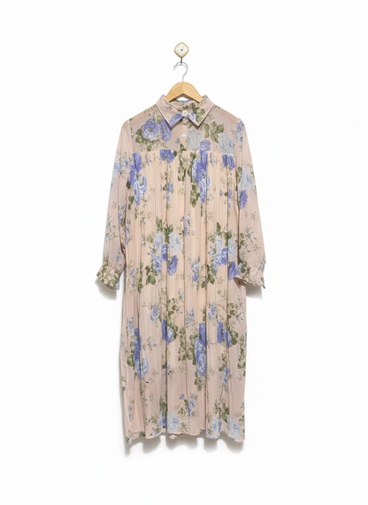 XDB |L| BUST 20| C5| ELEGANT SHEER FLORAL PRINT LONG SLEEVE PLEATED MIDI DRESS