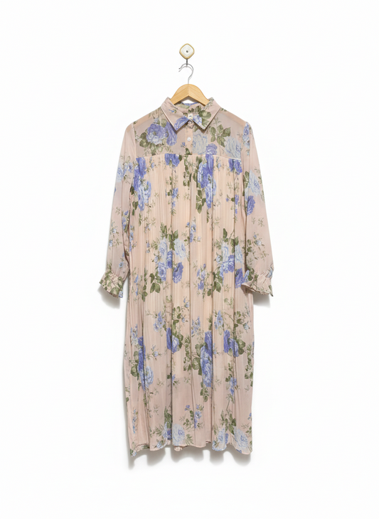 XDB |L| BUST 20| C5| ELEGANT SHEER FLORAL PRINT LONG SLEEVE PLEATED MIDI DRESS
