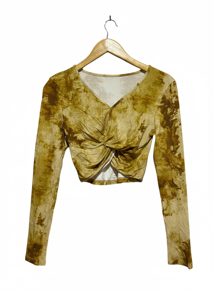 GOLDEN-BROWN TIE-DYE TWIST-FRONT TOP |S| BUST 14|