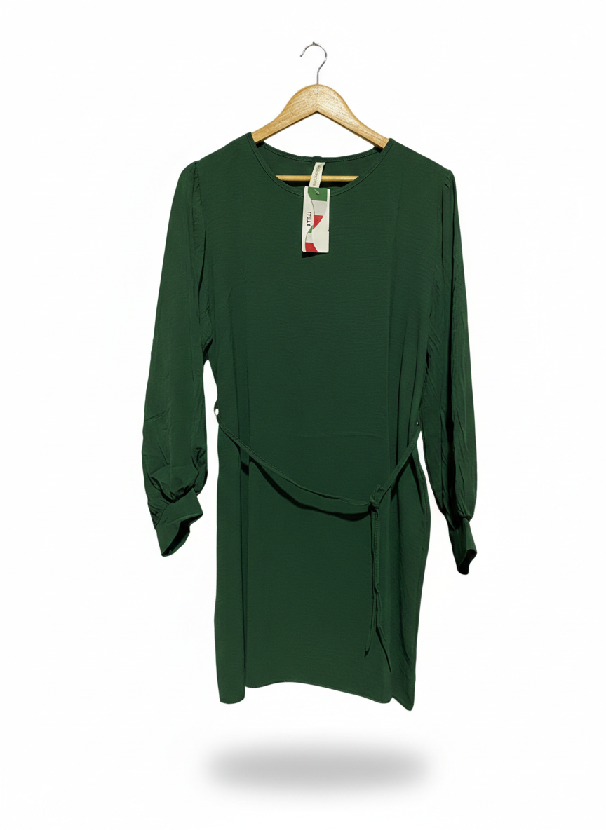 NEW COLLECTION |L| BUST 22|C4| WOMEN'S FOREST GREEN LONG SLEEVE CREW NECK MINI DRESS WITH WAIST TIE