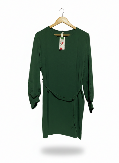 NEW COLLECTION |L| BUST 22|C4| WOMEN'S FOREST GREEN LONG SLEEVE CREW NECK MINI DRESS WITH WAIST TIE