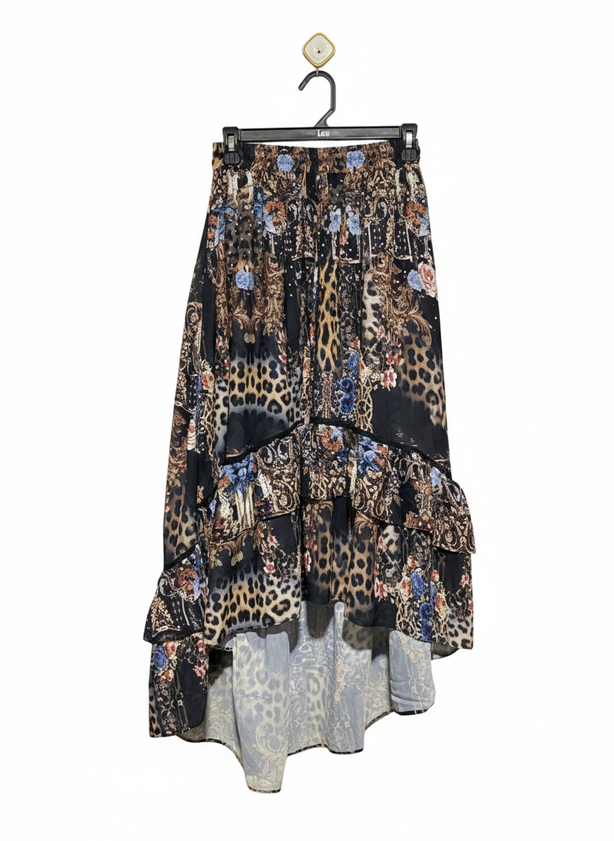 GEMS |S| WAIST 25| ORNEATE LEOPARD AND FLORAL PRINT HIGH-LOW MAXI SKIRT