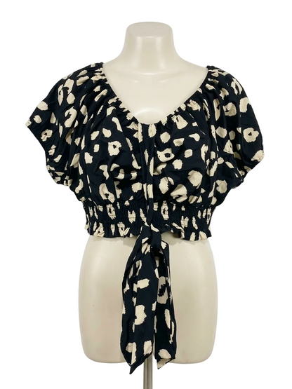 |L| BUST 19| B14| CHIC ABSTRACT LEOPARD PRINT SMOCKED CROP TOP WITH TIE FRONT