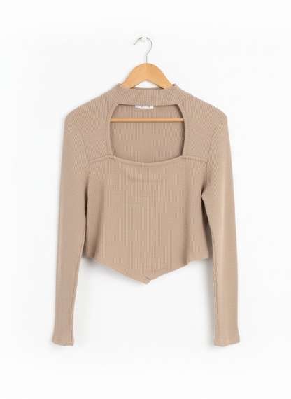 PEACHY SUNSET Women's Cutout Long Sleeve Knitted Ribbed Pullover