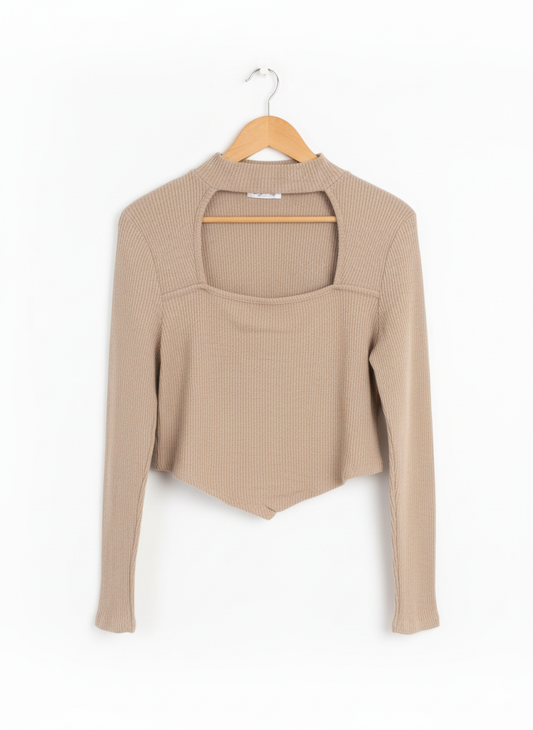 PEACHY SUNSET Women's Cutout Long Sleeve Knitted Ribbed Pullover