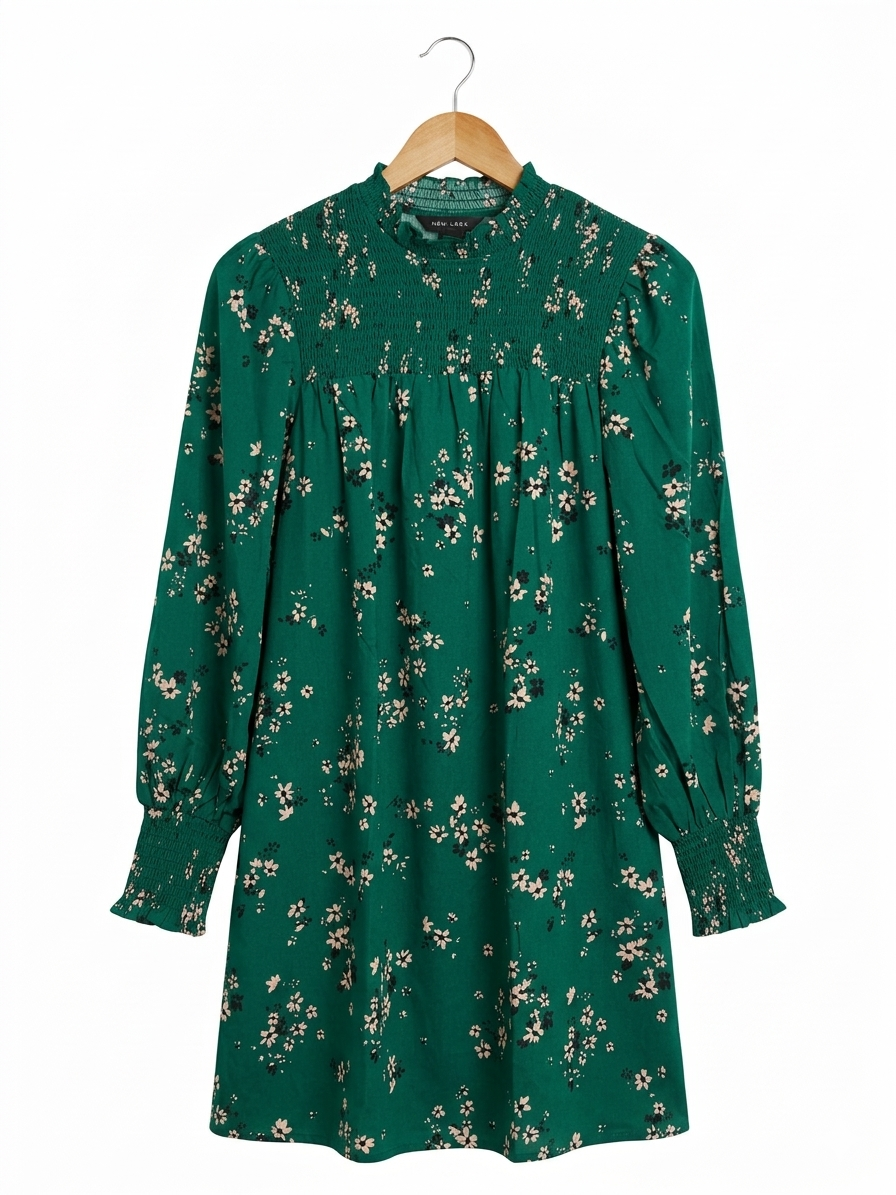 NEW LOOK | L| BUST 21 | B9 |EMERALD GREEN FLORAL SMOCKED MINI DRESS