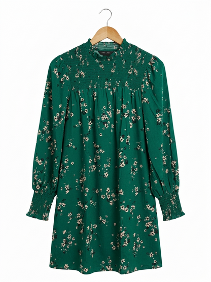 NEW LOOK | L| BUST 21 | B9 |EMERALD GREEN FLORAL SMOCKED MINI DRESS