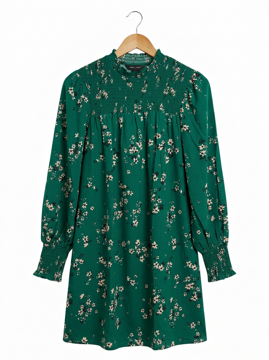 NEW LOOK | L| BUST 21 | B9 |EMERALD GREEN FLORAL SMOCKED MINI DRESS