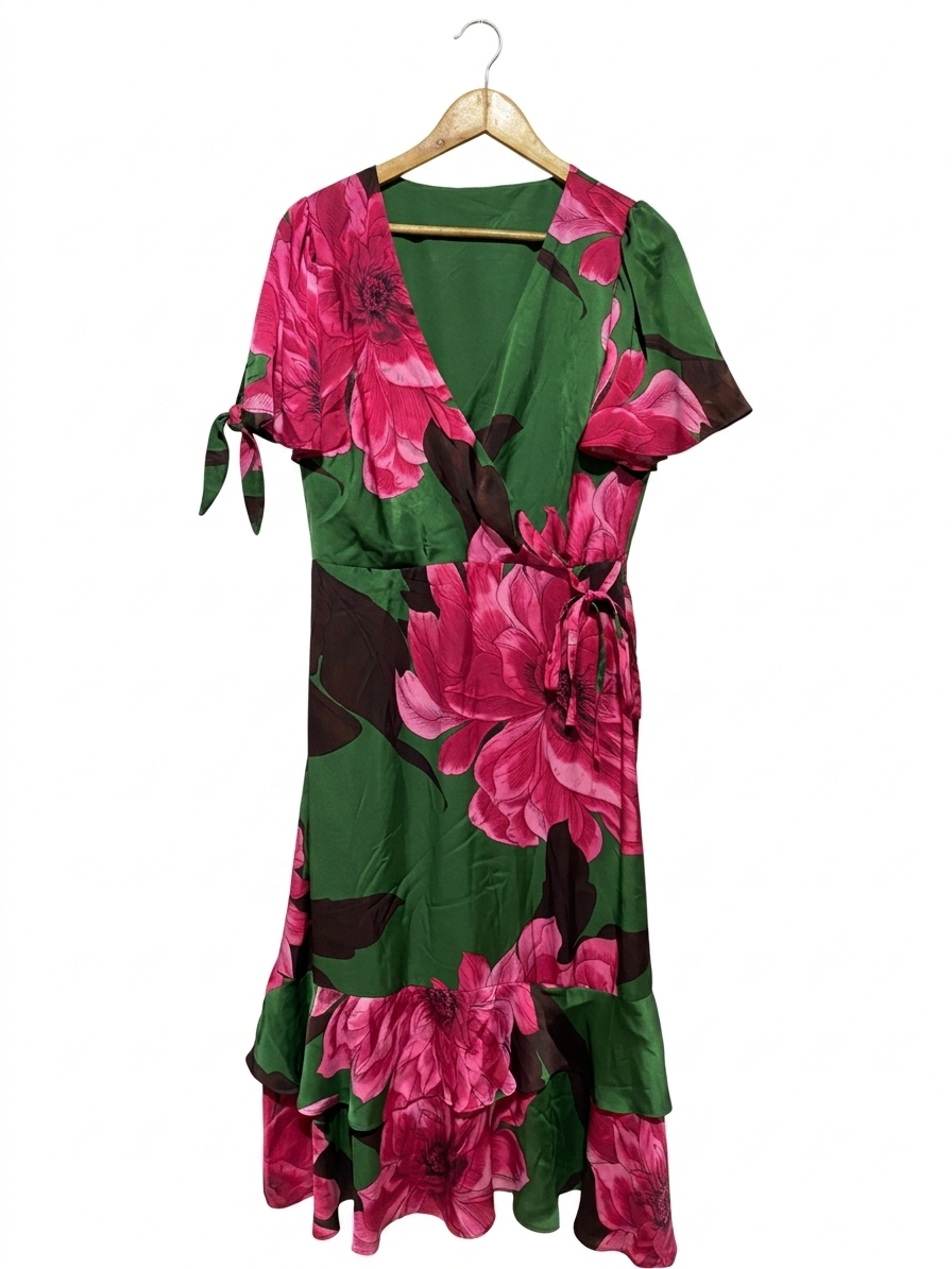 ET VOUS |L| BUST 21| B13| GREEN FLORAL PRINT SATIN WRAP DRESS