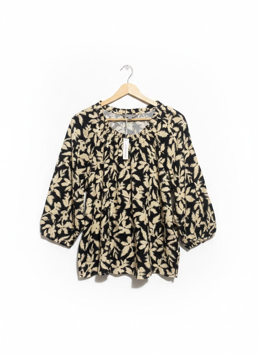 SUZANNEGRAE|L/XL|BUST 23|BLACK AND BEIGE FLORAL BLOUSE